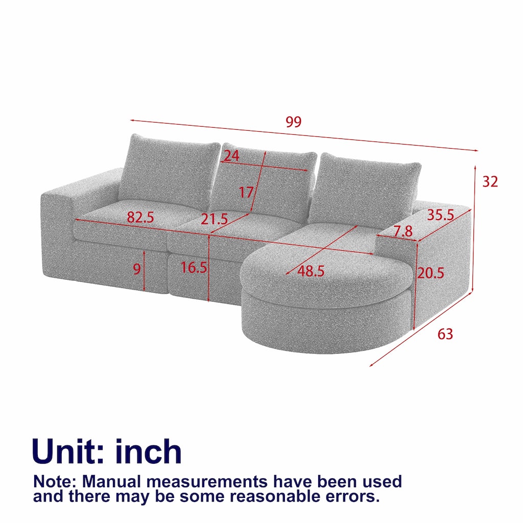 Curved Sectional Sofa with L-Shape Chaise, Chenille Upholstered Boneless Cloud Sofa, Modular 4 Seat Corner Sofa with Cushions