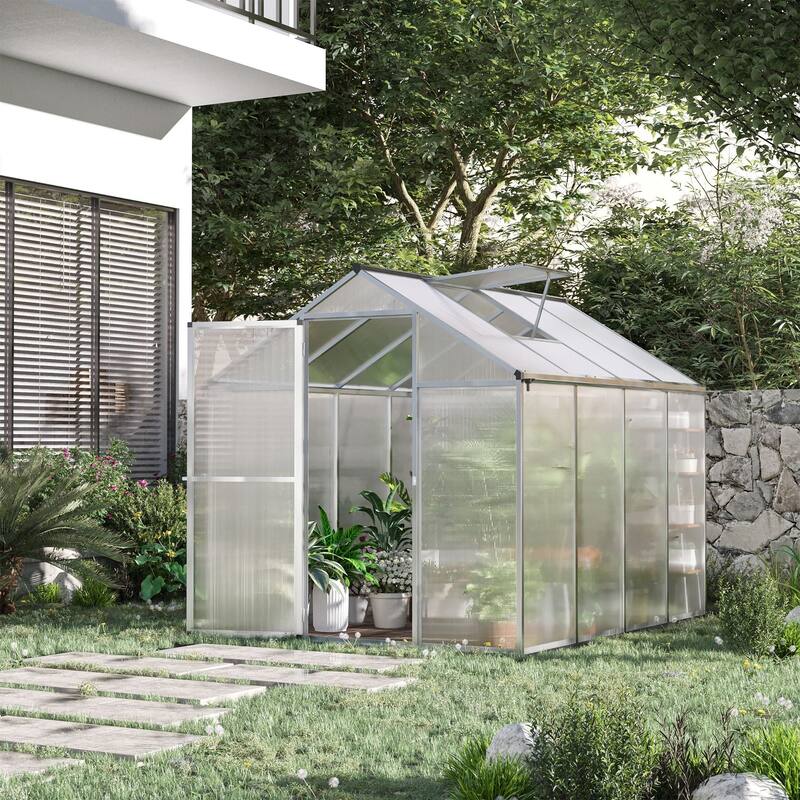 Outsunny 8' L x 6' W Polycarbonate Walk-In Greenhouse with Rooftop Vent & UV-Resistant Walls - Hobby