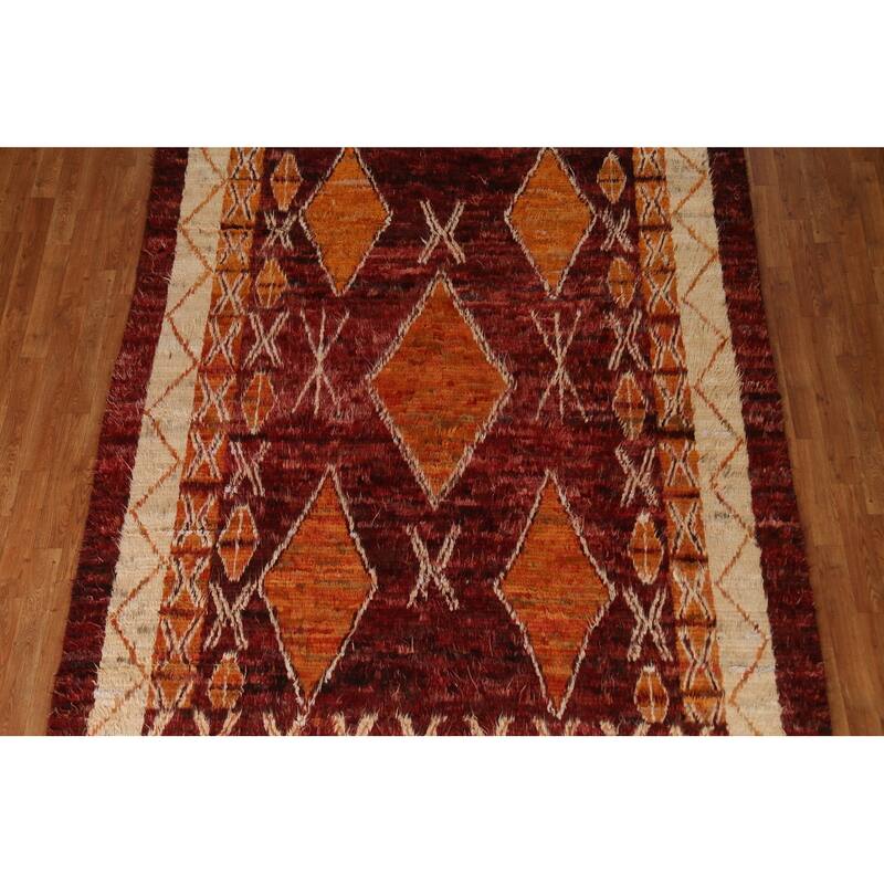 Hand Knotted Oriental 100% Wool Carpet Modern Tribal Red Moroccan Area Rug - 9' 10'' X 6' 10''
