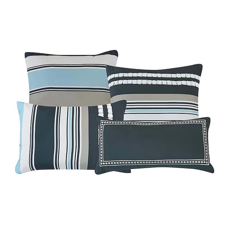 7 Piece Navy Light Blue Striped Comforter Set Embroidery Soft Bedding