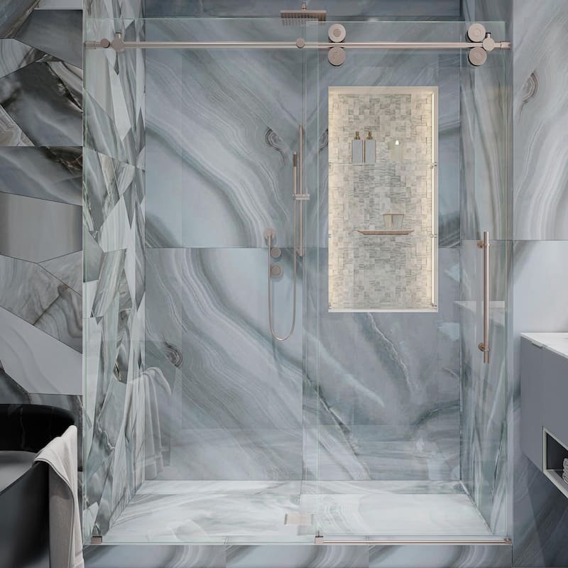 Seawin 60 - 64 in. W x 77 in. H Cosmo Frameless Shower Door 3/8 inch (10 mm) Thick Clear Tempered Glass with NanoShield Coating - Brushed Stainless