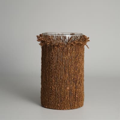 Cylindrical Glass Votive Candle Holder with a Wrap - 10" - Brown