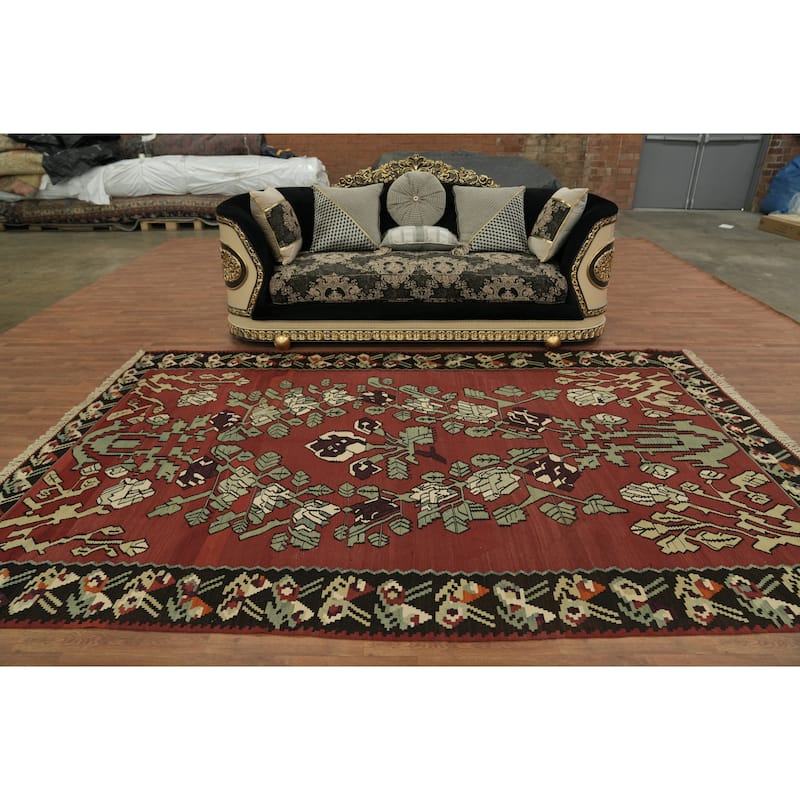 Hand Woven Oriental 100% Wool Carpet Southwestern Tribal Red Kilim Area Rug - 11' 1'' X 7' 2''