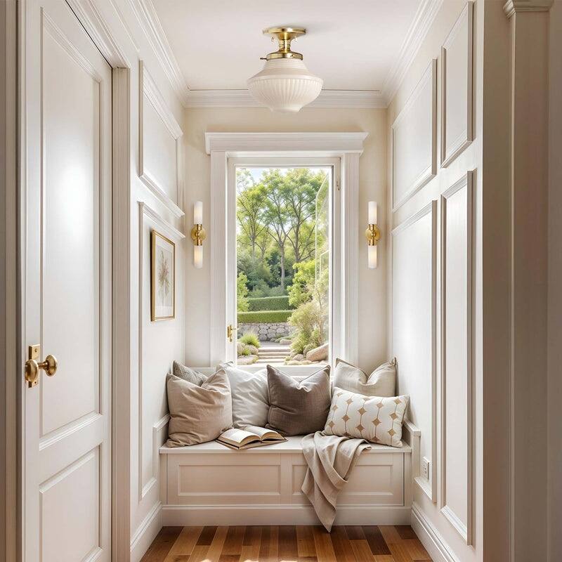 Everly Semi-Flush Mount - Metal, Glass Gold, Ivory White 1-Light Ceiling Light for Kitchen or Hallway in Modern, Farmhouse Style