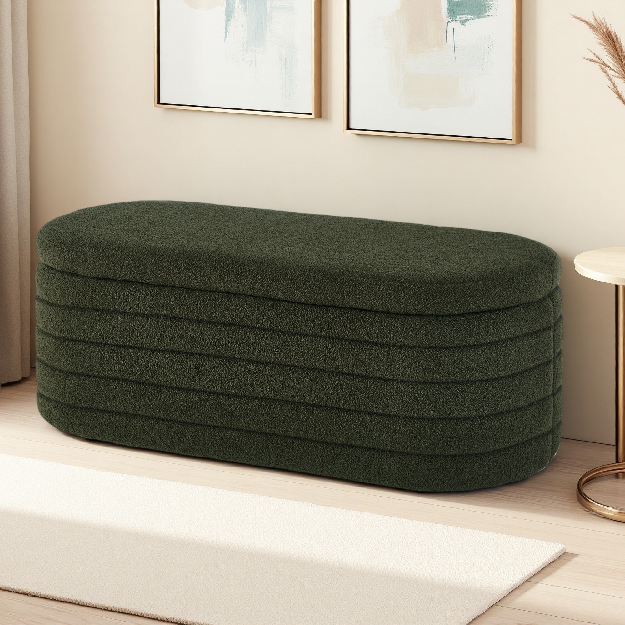 43"L Large Oval Storage Ottoman End of Bed Bench, Upholstered Boucle Teddy Fabric, Safety Hinge, Extra Seating, Hidden Storage