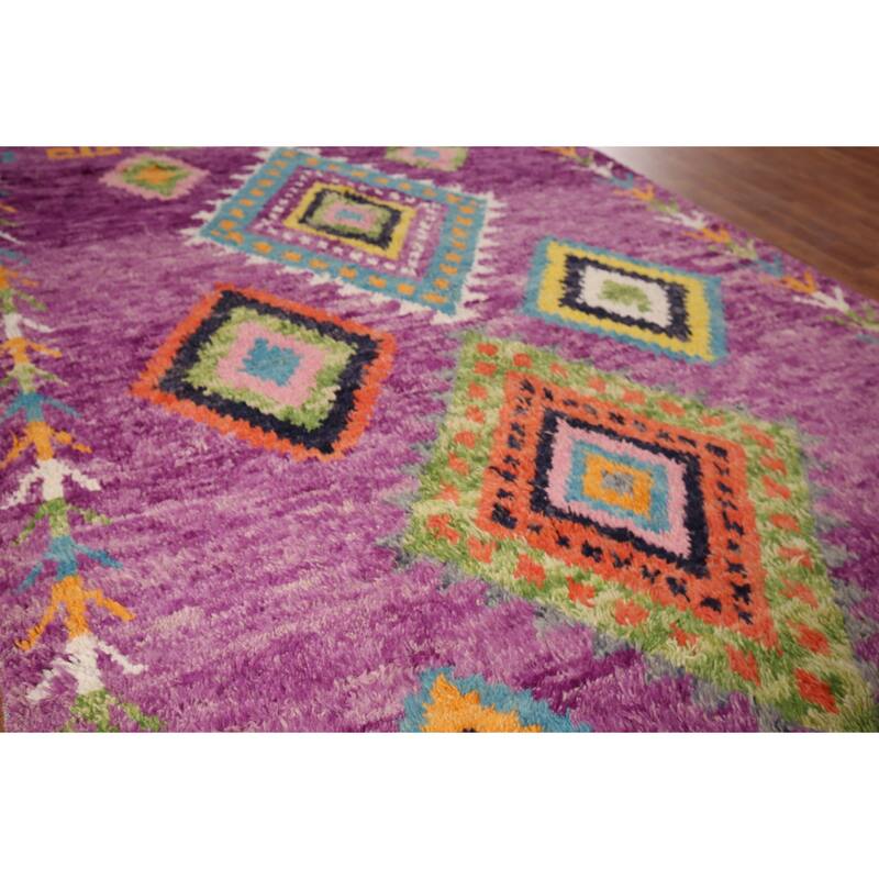 Purple Geometric Plush Moroccan Area Rug Hand-Knotted Wool Carpet - 6'0" x 9'7"