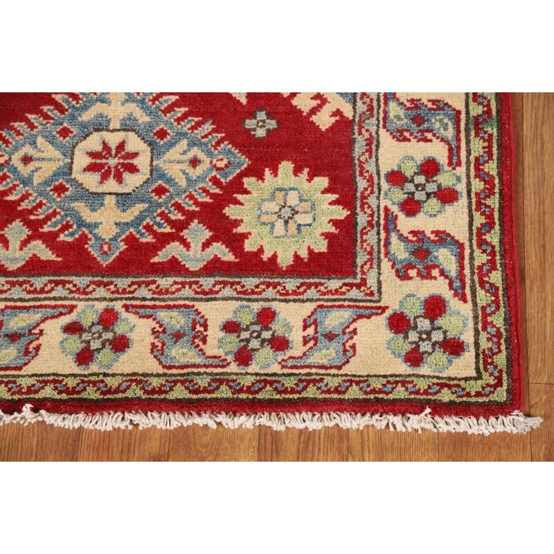 Red Kazak Foyer Rug Geometric Handmade Wool Carpet - 2'7"x 3'11"