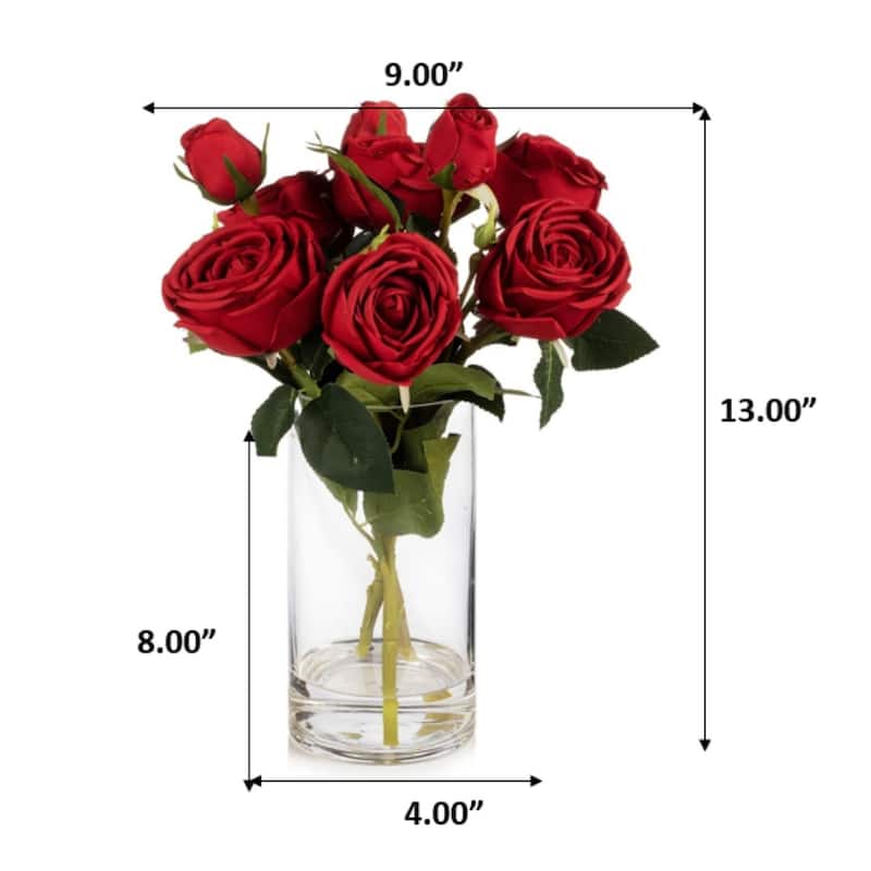 Enova Home Artificial Silk Rose Flowers in Clear Glass Vase with Faux Water for Home Office Wedding Decoration - N/A