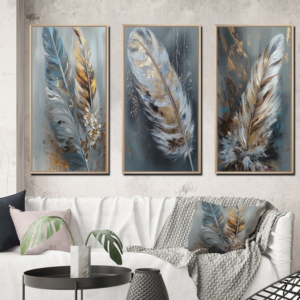 Designart "Gold Feather Wanderlust III" Glam Feather Framed Wall Art Set Of 3 Frame Gallery Set For Office Decor