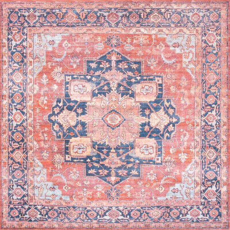 JONATHAN Y Marrakesh Ornate Medallion Machine Washable Area Rug - 8' Square - Terracotta/Navy