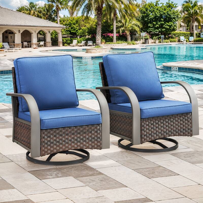 Outdoor Swivel Rcoker Chairs Set of 2 - Blue Cushion - Brown - Brown - Blue