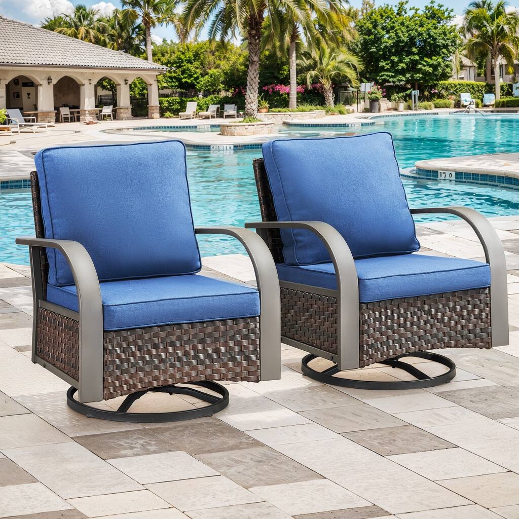 Outdoor Swivel Rcoker Chairs Set of 2 - Blue Cushion - Brown