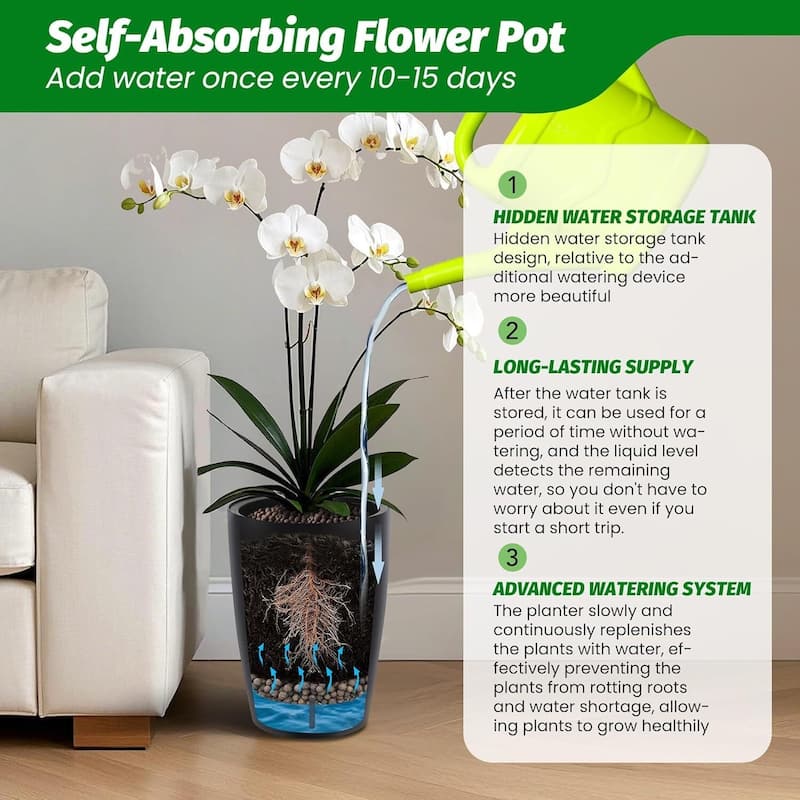 Set of 2 Tall 16" Self-Watering Planters, Flower Pots with Built-in Drainage