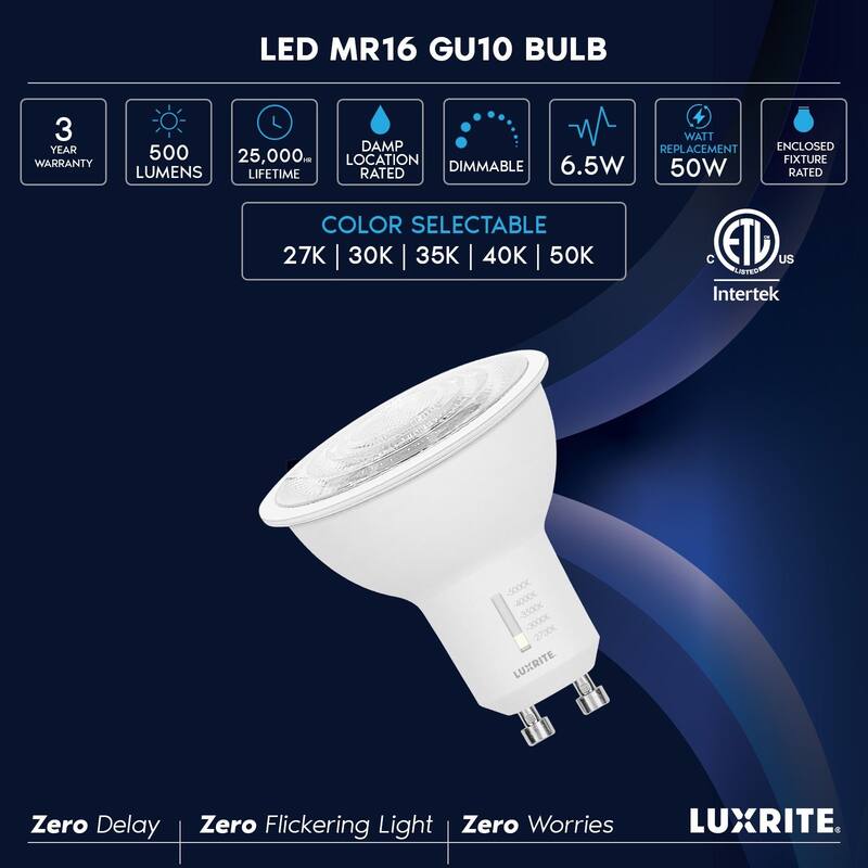 Luxrite GU10 LED Bulbs Dimmable 50W Halogen Equivalent 5CCT 6.5 Watt 500 Lumens GU10 Enclosed Fixture Rated (4 Pack)