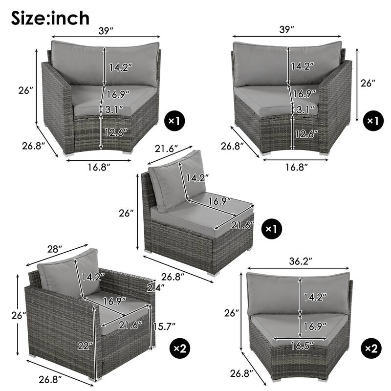 9 Piece Half-Moon Outdoor Sofa Set, All-Weather Rattan Conversation Furniture Set, Round Sofa Set with Coffee Table