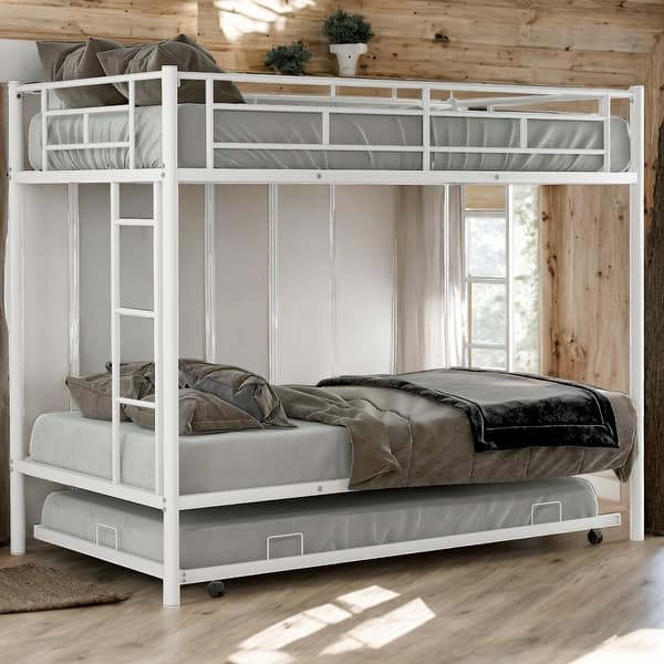 slide 2 of 9, Modern Twin Over Twin Bunk Bed With Trundle,Two Ladders,Durable Metal Frame, White