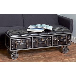 Black Faux Leather Tufted Upholstered 3 Trunk Storage Bench with Industrial Wheels and Gold Studded Accents