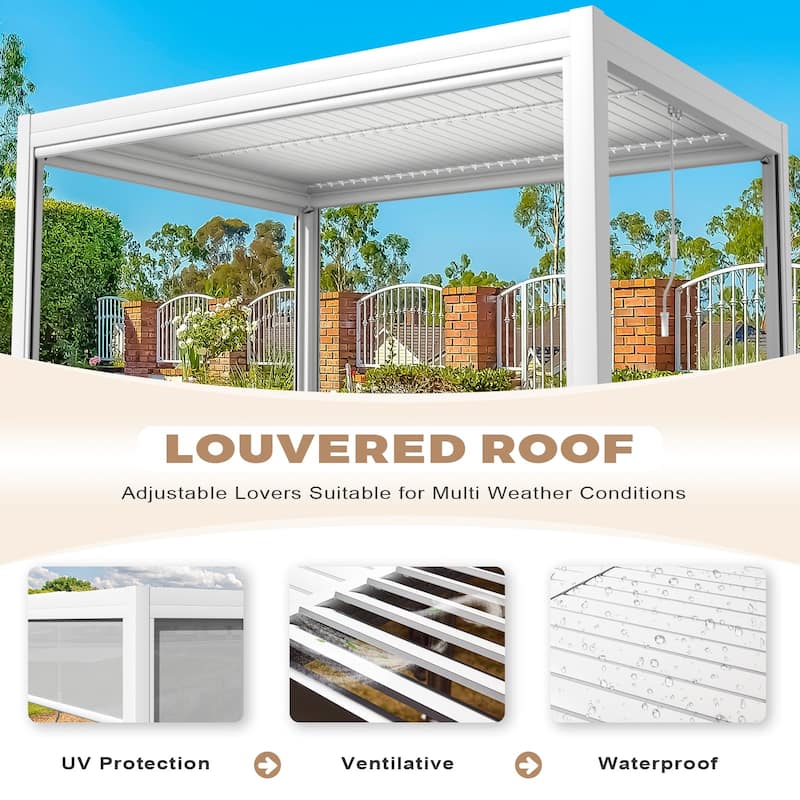 EROMMY Outdoor Louvered Pergola Gazebo with Adjustable Aluminum Rainproof Roof and Pull-Down Screen