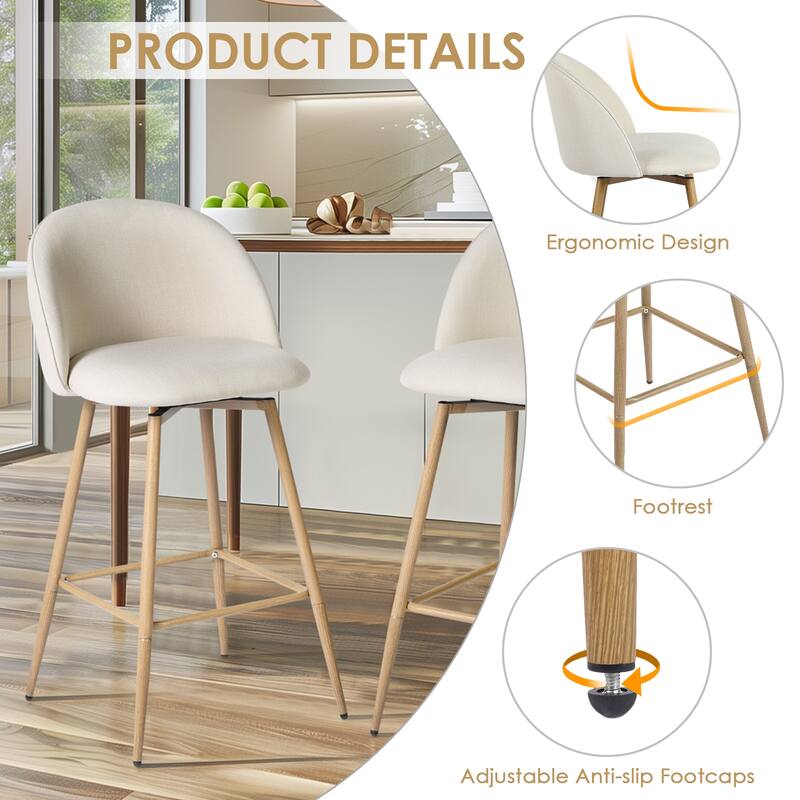 Homy Casa Set of 2 Upholstered Counter Stools with Curved Back and Metal Legs for Kitchen Islands,Breakfast Bars - N/A