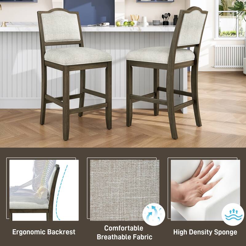 Counter Height Bar Stools Set of 2, Armless Bar Chair with Ergonomic Backrest and Rubber Wood Frame for Kitchen Island