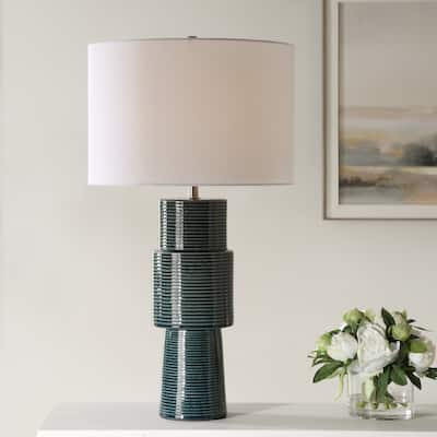 Strick & Bolton Teal Ceramic Table Lamp with Ribbed Texture and Linen Shade - 15 x in x 15 x in 28