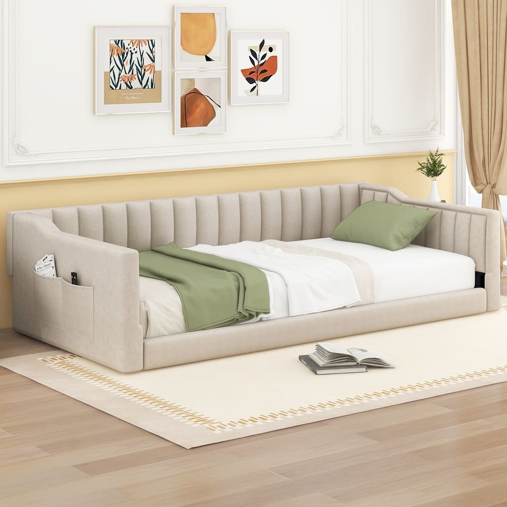 Upholstered Daybed with Side Storage Pocket, Living Room Sofa Bed Velvet Fabric Floor Bedframe, Wood Slats Support