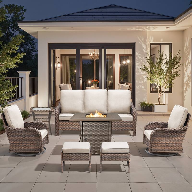 Pocassy Patio Funiture Sofa Swivel Chair Ottoman with Fire Table Set - Beige Cushion - Brown Wicker - 7-Piece Sofa Swivel Chair with Fire Pit Table