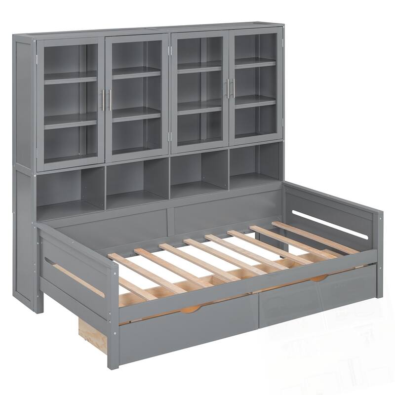 Wooden Daybed with Glass-Door Storage Cabinets Built-in LED Lighting and Shelves