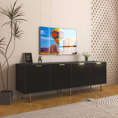 Fluted TV Stand with 4 Doors, Entertainment Center with Adjustable Shelf, Media Console Table with Golden Legs