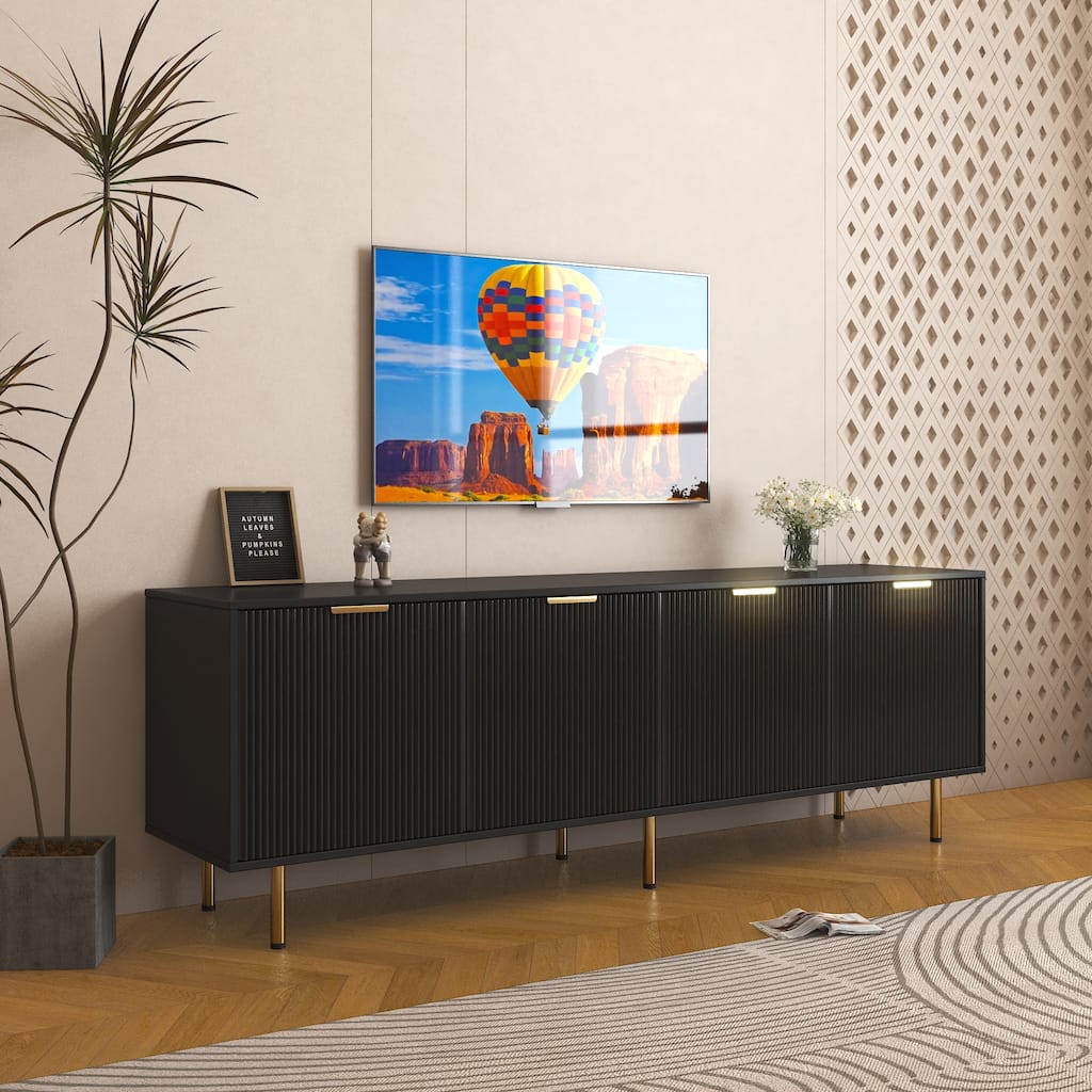 Fluted TV Stand with 4 Doors, Entertainment Center with Adjustable Shelf, Media Console Table with Golden Legs