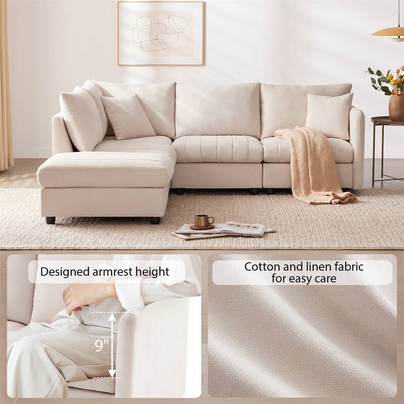 Modern L-Shape 5-Seat Sectional Sofa w/ 2 Pillows, Convertible Ottoman