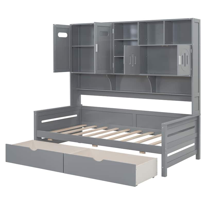 Twin Size Daybed with Bookcase Headboard and Shelves, Wooden Platform Bed Frame with 2 Drawers and All-in-One Storage Cabinet