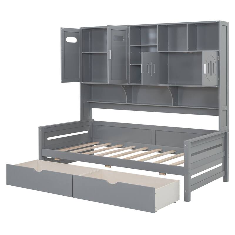 Wooden Daybed with 2 Drawers, All-in-One Cabinet and Shelf for Bedroom