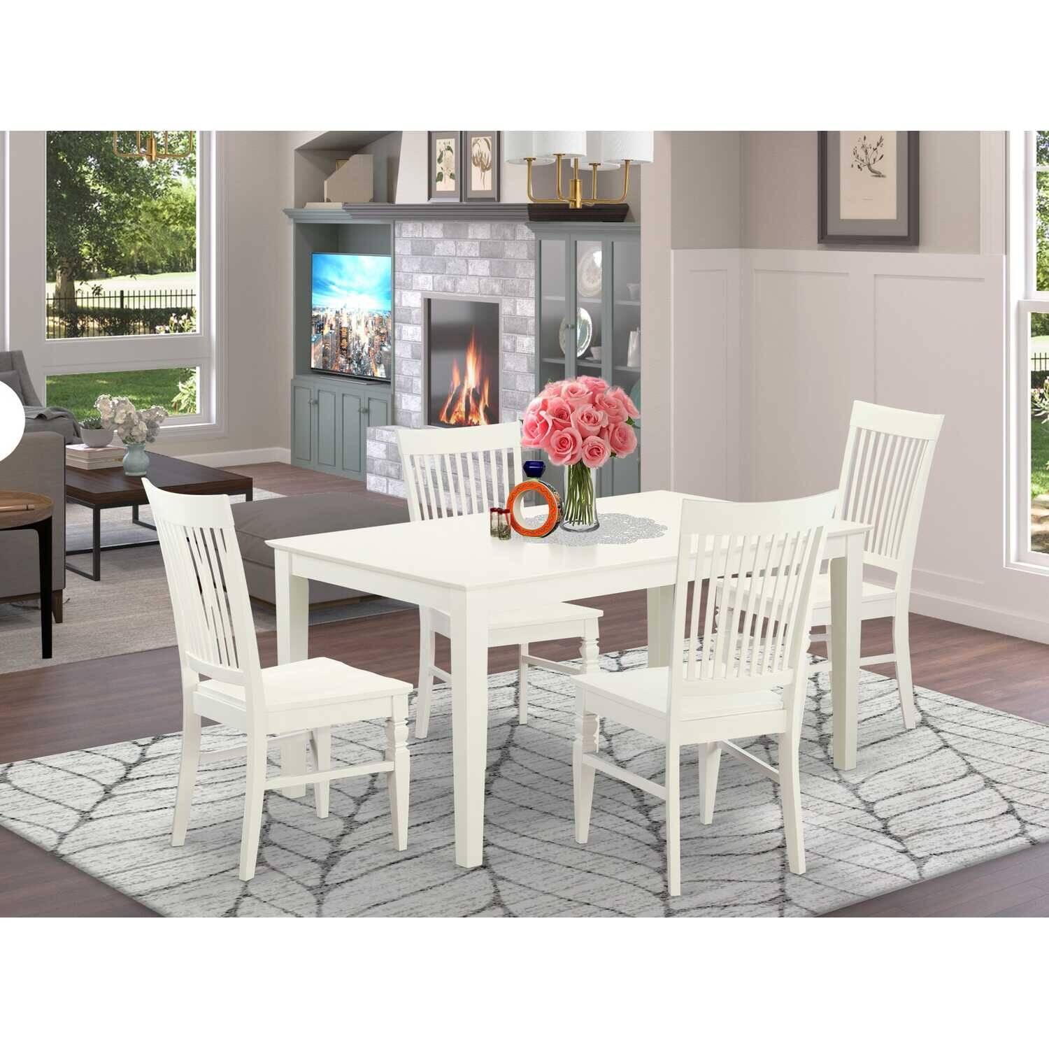 HomeStock 5-Piece Linen White Finish Solid Wood Top Dining Table with 4 Chairs