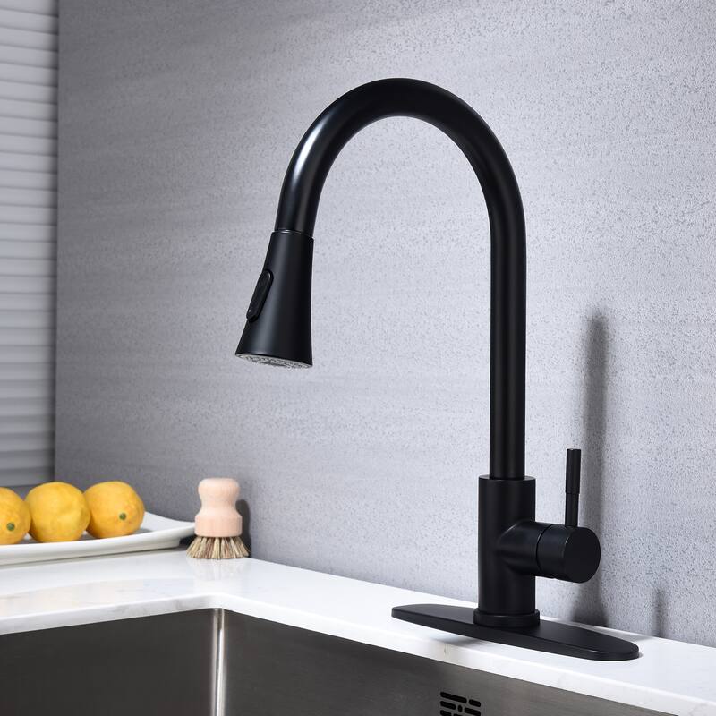 Single Handle Brushed Nickel Kitchen Faucet with Pull Out Spraye - 16.14 inch - Matte Black