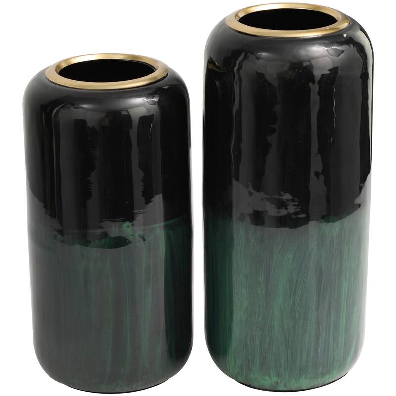 Green Metal Colorblock Abstract Decorative Vase with Paint Streak Designs and Gold Accents (Set of 2) - 13, 11"H