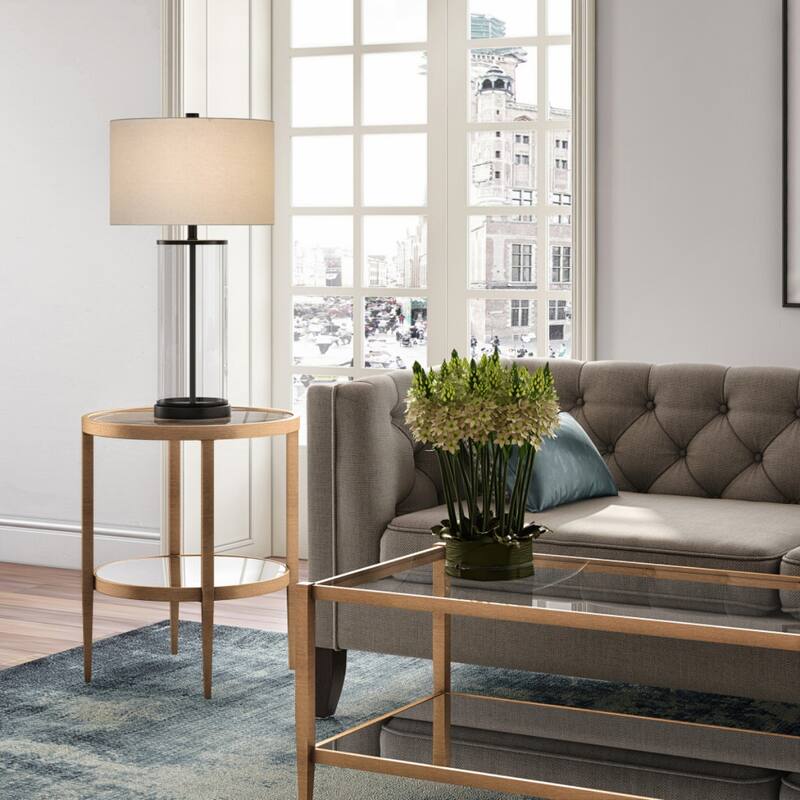 24" Antiqued Brass And Clear Glass And Steel Round Mirrored End Table With Shelf - 20" x 20" x 24"