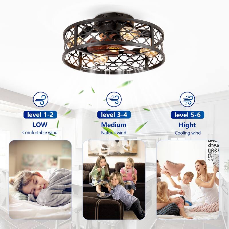 20 inch Flush Mount Ceiling Fan Light with Remote Caged Farmhouse Fandelier Black Wood Low Profile