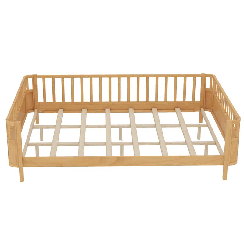 Multi Size Low Platform Bed for Kids with Rounded Corners Guardrails, Detachable Right-side Fence and Open Left-side Design