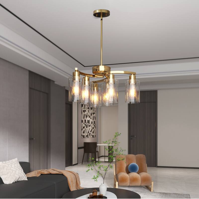 6-Light Gold Chandelier - Dining, Kitchen, Living - Metal, Clear Glass Shade