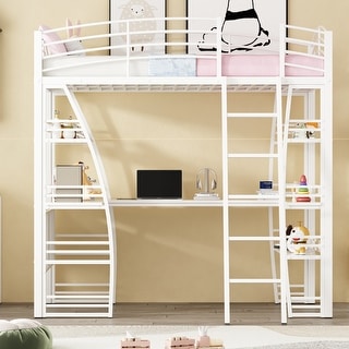 White Twin Loft Bed wLadder, Desk, Shelves, Sockets, Ports, Charging