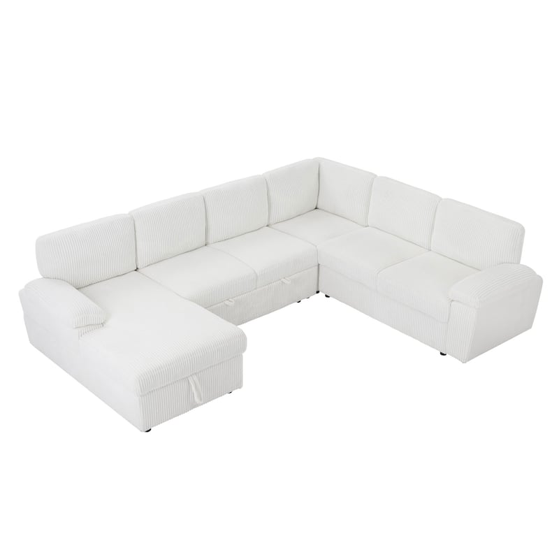 Oversized Modular Storage Corduroy Sectional Sofa Couch, White, Convertible Sleeper Sofabed