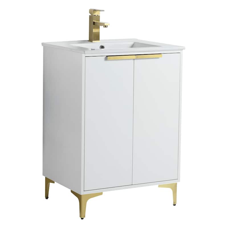 Fine Fixtures Wilmington Bathroom Vanity with White Ceramic Sink. - 24 Inch - White Matte - Satin Brass Hardware