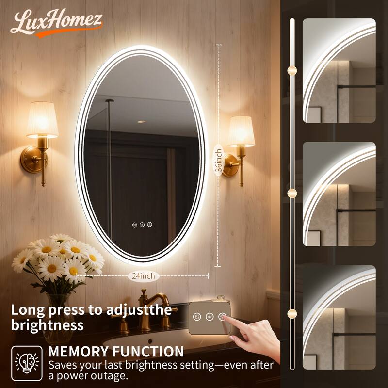 UL Certified Oval LED Bathroom wall Mirror, Anti-fog, 3-Color Dimmable