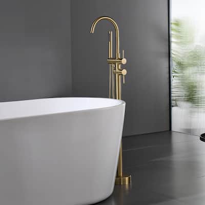 Brushed Gold Double Handle Floor Mounted Freestanding Tub Filler