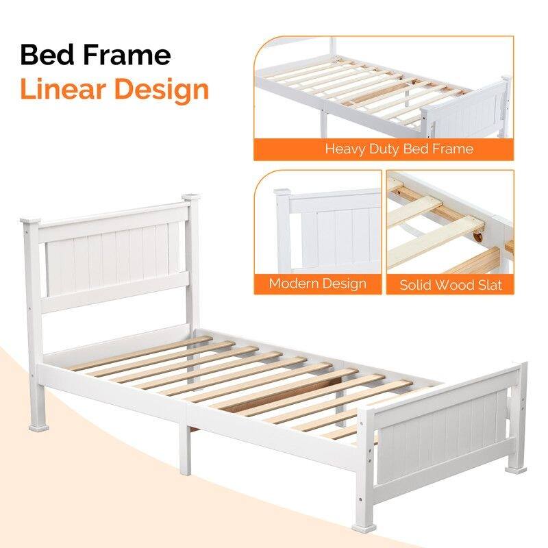 Wood Twin Size Bed Frame with 4 Storage Drawers, Solid Wood Platform Bed with Headboard