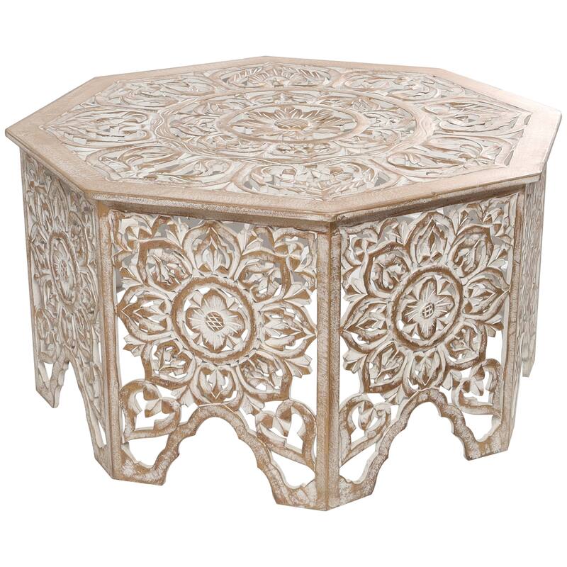 Wooden Floral Handmade Intricately Carved Coffee Table with Hollow Interior - Light Gray or Cream - Roche River Decor