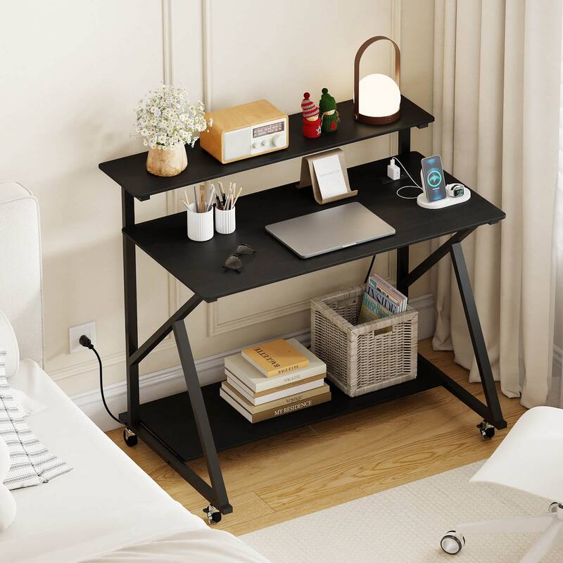 Costway Rolling Computer Desk with Charging Station Monitor Stand