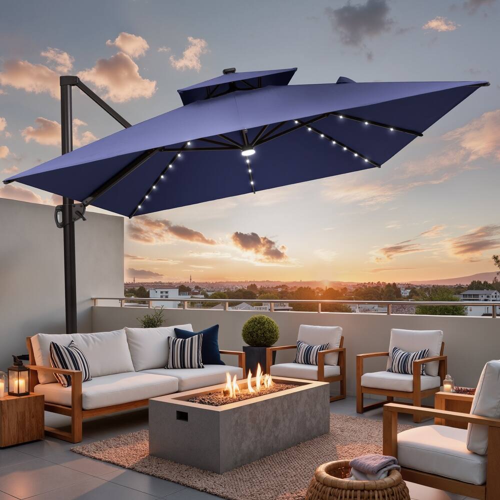 9 X 11 FT Outdoor Patio Cantilever Umbrella with Solar Lights Double Canopy 360 Rotation Tilt