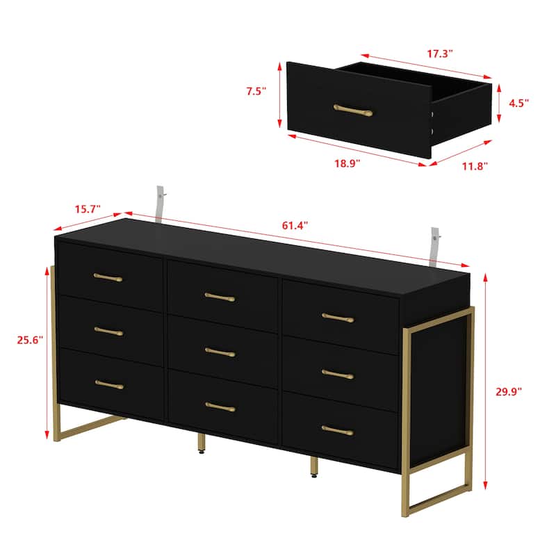 61.4"W Modern Black Dresser with 9 Spacious Drawers - Gold Handles